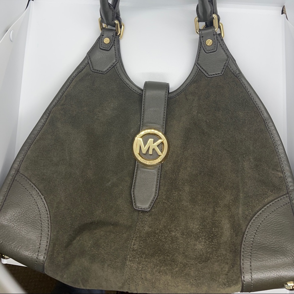Michael Kors olive green suede shoulder bag with gold hardware.